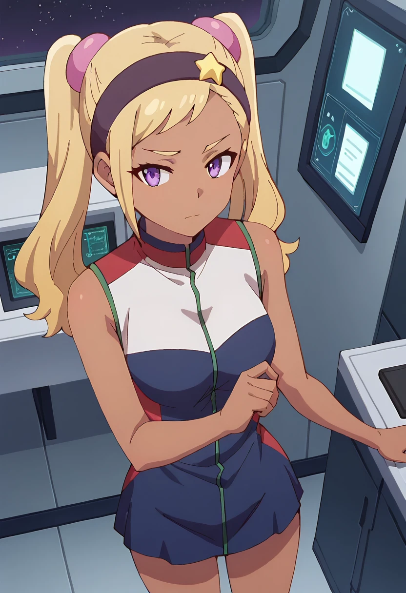 score_9, score_8_up, score_7_up,
QuitterieRaffaeli,
1girl, solo, closed mouth,
blonde hair, purple eyes, twintails, purple hairband, star (symbol), purple scrunchie, dark skin,
QuitterieDress, multicolored dress, blue dress, white dress, short dress, sleeveless, zipper,
standing, looking at the viewer, thigh gap,
science fiction, indoors, spacecraft interior