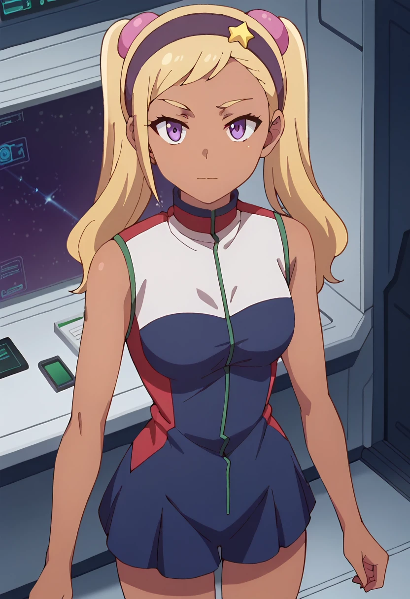 score_9, score_8_up, score_7_up,
QuitterieRaffaeli,
1girl, solo, closed mouth,
blonde hair, purple eyes, twintails, purple hairband, star (symbol), purple scrunchie, dark skin,
QuitterieDress, multicolored dress, blue dress, white dress, short dress, sleeveless, zipper,
standing, looking at the viewer, thigh gap,
science fiction, indoors, spacecraft interior