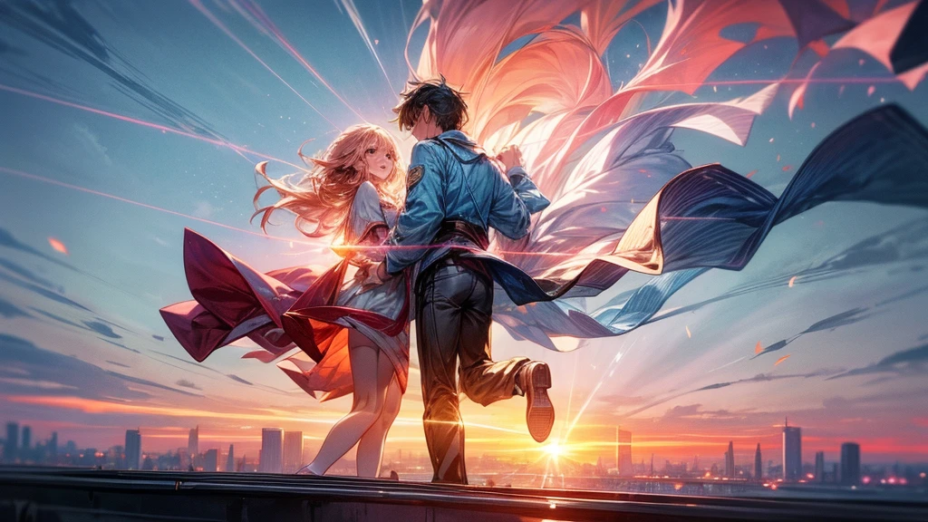 A vibrant city at dawn, with skyscrapers illuminated by the first rays of the sun. Spotlight, a young couple standing on a rooftop, with hands raised towards the sky. Their faces show determination and joy, capturing the energy and hope of the new day. Around them, the city begins to wake up, with flashing lights and slow moving traffic.

The sky is light blue, with scattered clouds tinted pink and orange by the rising sun. Some birds fly in formation, symbolizing freedom and infinite possibilities. In the distance, the sea shines with golden reflections, and in the air there is a palpable sensation of electricity and energy.

Behind the couple, a neon banner that says "Rise and Shine", highlighting the central message of the song. The scene is full of movement and life, with elements such as bicycles, people running, and cafes opening their doors, all capturing the dynamism and excitement of the morning.