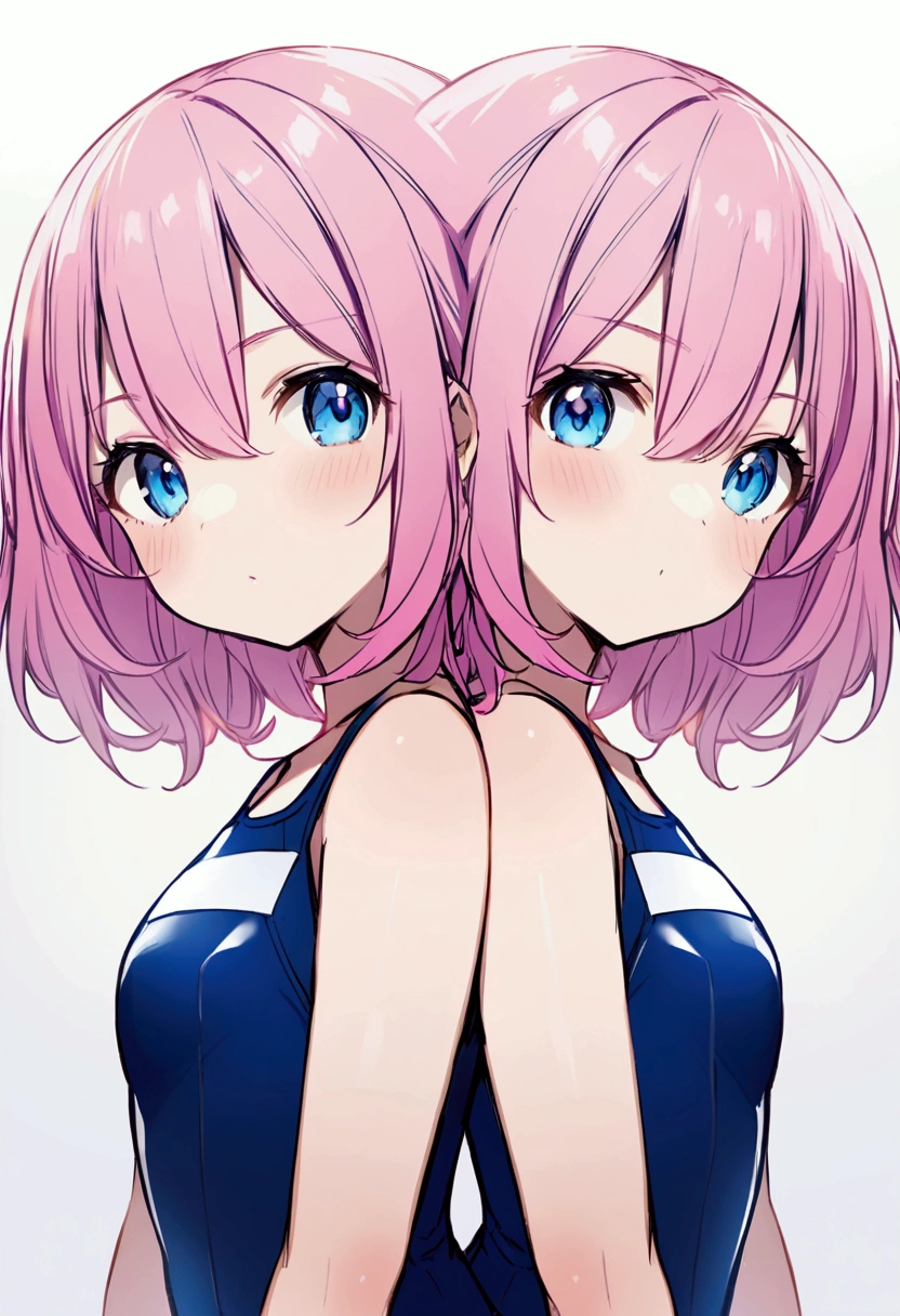 School Swimsuit、Show your side、Upper Body、Glare、Girl with pink hair、blue eyes