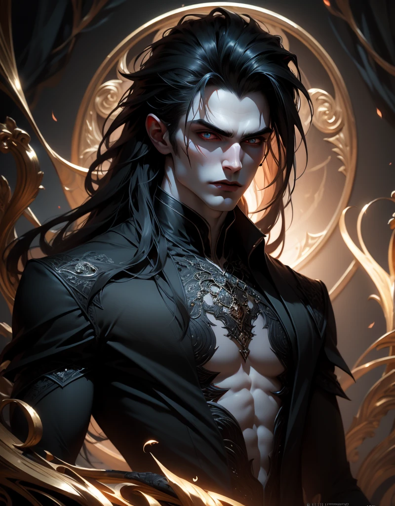 {anatomy}(Masterpiece - Ultra-detailed, very high resolution) Prepare to be enchanted by a true masterpiece that combines ultra-detailed art with high-resolution rendering. This work portrays a vampire man with long black hair (1.3) and captivating golden eyes (1.2), emanating an aura of mystery in dark settings. The intricate details and realistic textures invite you to explore every aspect of this enchanting composition. Vampire man. Black tunic. Serious expressions. Pale skin like a vampire. Dynamic poses.
