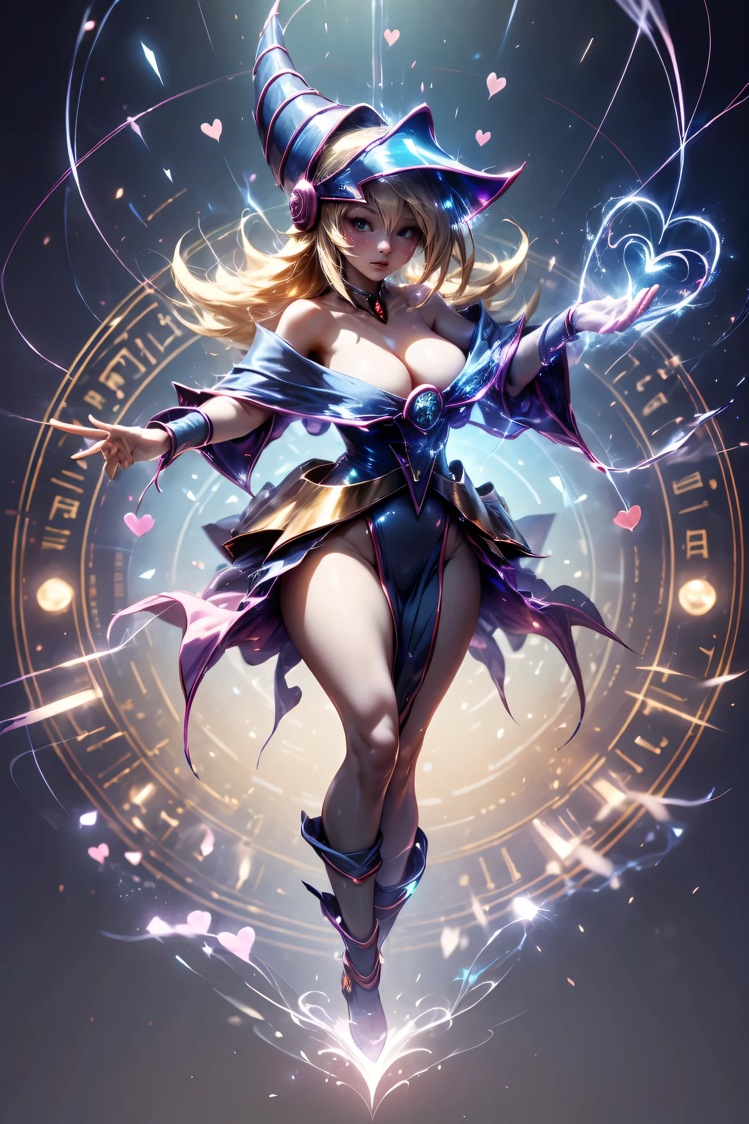 (Masterpiece:1.2), (The best quality:1.2), perfect lighting, Dark Magician Girl casting a spell, floating in the air, big big hips, neckline, magic background. Transparent hearts in the air., blue robe, big hat, From above, shines, Yugioh card in the background that is very close to the screen. 