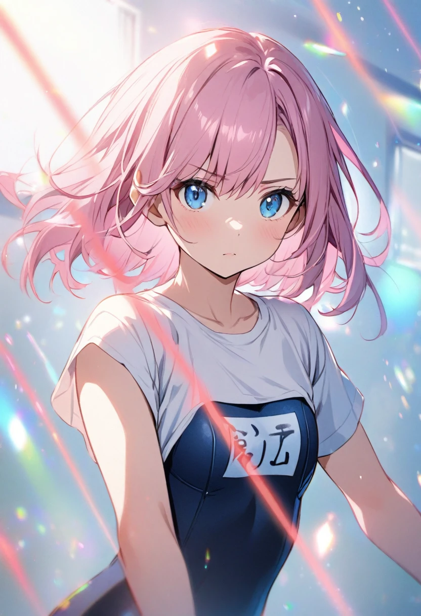 School Swimsuit、Show your side、Upper Body、Glare、Girl with pink hair、blue eyes