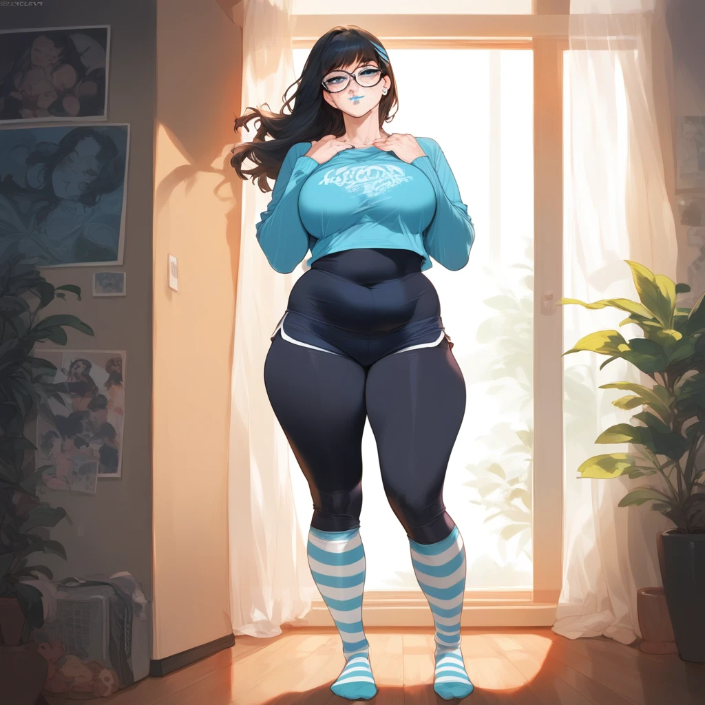 mixed_artwork style, 1 girl, standing alone, hands, beautiful woman, Asian, thick, Hair Straight bangs, long straight hair, hair with blue tips, very light blue eyes, light blue lipstick, E-girl, black Windbreaker , long striped socks, big glasses, freckles, face piercing,, black skin, Chubby, realistic, textures, 8K, perfect hand, perfect anatomy, visible curves, Breasts, In the room Gamer