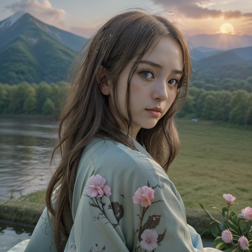 best quality, masterpiece, extremely Detailed, Detailed background, Detailed eyes, Anime-Series, 1 girl, beautiful eyes, Young girl, long hair girl, expressive face, kimono, retro, Fuji-landscape, outside, sun set, Beautiful sky, Picknick am See, landscape, landscape, skyline, mountain, der in der nähe des mountaines sitzt, wind, petal, Spring, to look away, atmospheric lighting, Consideration, naturalistic, Detail, 真实感. Relaxation, beauty, just concentrate, close up shot, From Side View, depth of field, bokeh