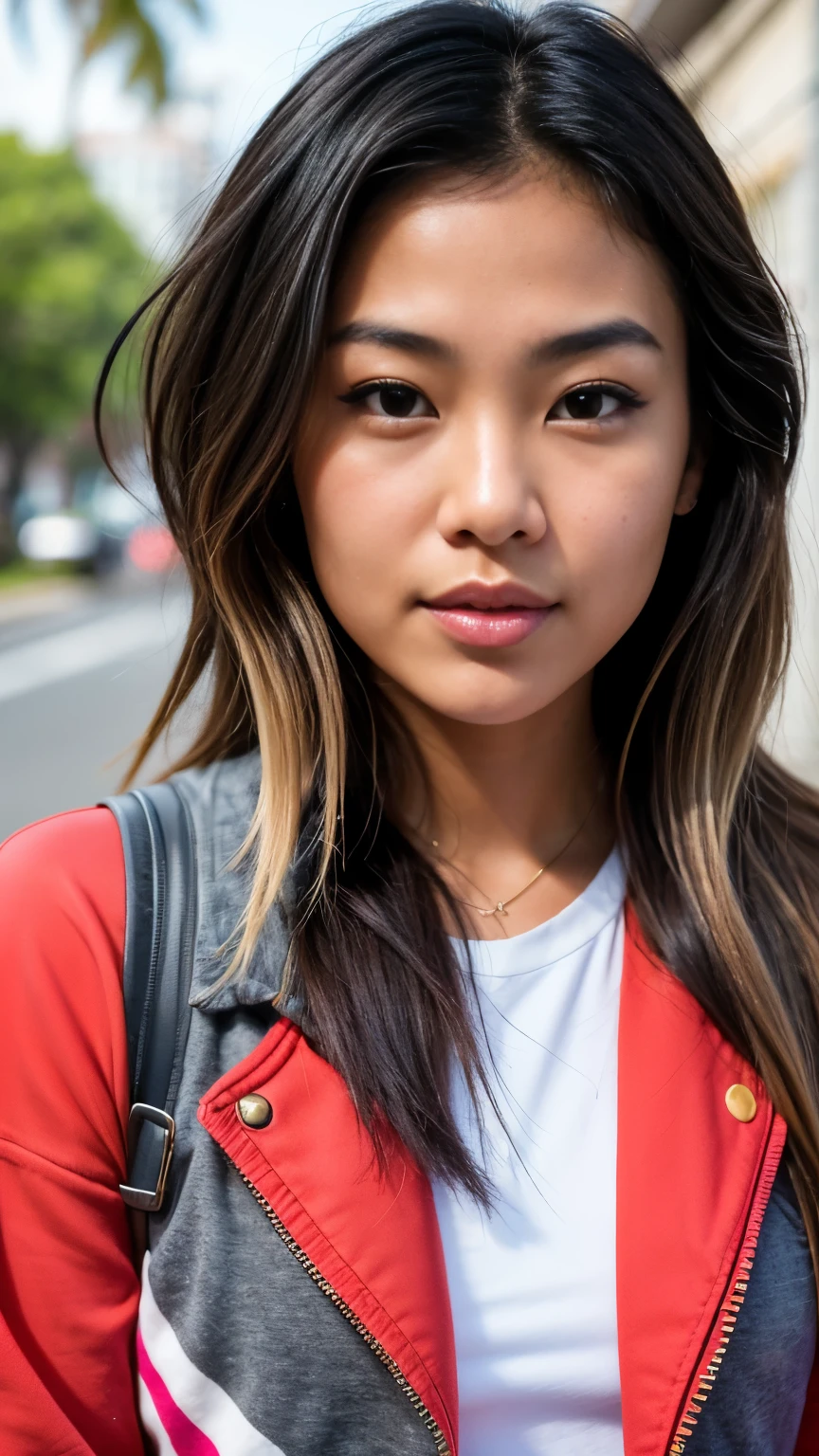 Create an face close up image of a young Hawaiian woman in her mid-20s with a skater girl vibe. She has a sexy, confident look, with hair featuring grey streaks. As an influencer, she has an effortlessly cool style, exuding casual yet captivating appeal. The setting should reflect her vibrant and adventurous lifestyle