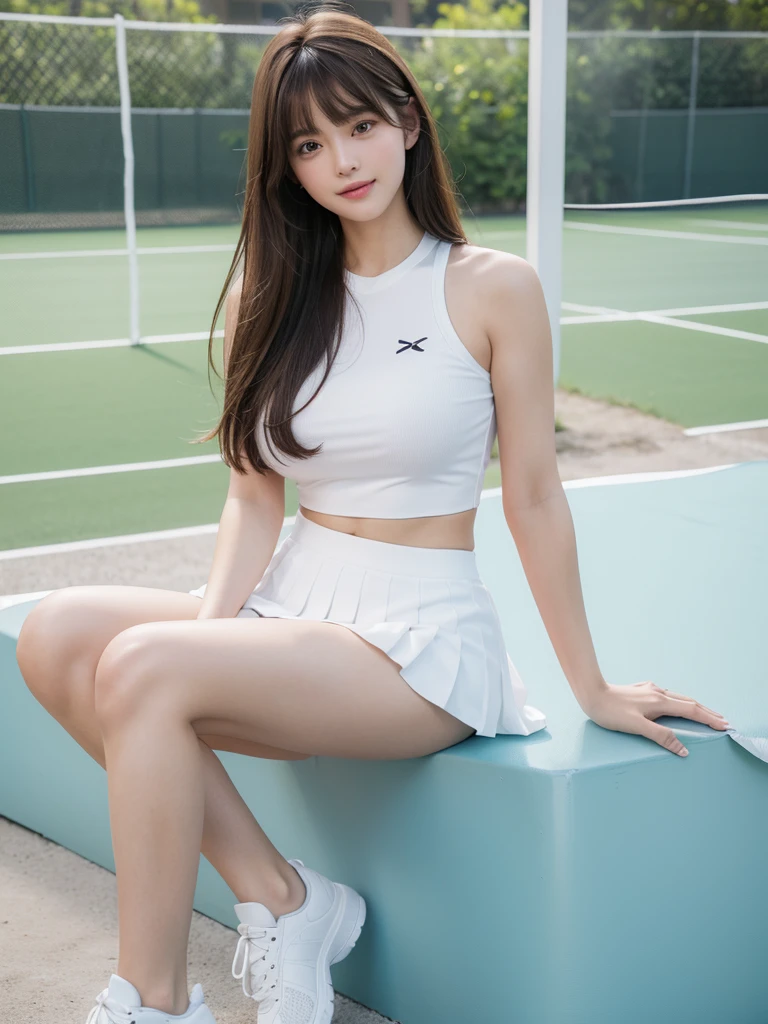 White tennis wear、tennis racket、Tennis ball、Tennis court、(Highest quality)、((Very detailed))、4K、(8k)、masterpiece、Very detailedな、Highest quality、Super Resolution、1 person、Kind Face、A little smile, Soft Light、RAW quality、Soft Skin、152cm、20-year-old girl、Cute type,Big Natural Color Lip, Bold pose, (Perfect figure), Beautiful feet, Voluptuous thighs、Soft long hair, bangs, Brown Hair, 1 personの女の子, Highest Resolution, Big and cute eyes, A clear double, White pleated micro mini skirt, Voluptuous thighs, plump big #39;m a little sweaty, I can see your pants, Beautiful pussy line,