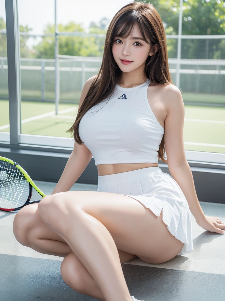 White tennis wear、tennis racket、Tennis ball、Tennis court、(Highest quality)、((Very detailed))、4K、(8k)、masterpiece、Very detailedな、Highest quality、Super Resolution、1 person、Kind Face、A little smile, Soft Light、RAW quality、Soft Skin、152cm、20-year-old girl、Cute type，Big Natural Color Lip， Bold sexy pose, (Perfect figure), Beautiful feet, Voluptuous thighs、Soft long hair, bangs, Brown Hair, 1 personの女の子, Highest Resolution, Big and cute eyes, A clear double, White pleated micro mini skirt, Voluptuous thighs, plump big breasts, I&#39;m a little sweaty, I can see your pants, Beautiful pussy line, 