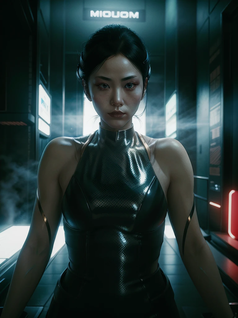 A cyberpunk Japanese woman, Hanako Arasaka, serious elegant expression, long black hair, authoritative presence, futuristic environment, neon lights, holograms, 8k, photorealistic, ultra-detailed, high quality, masterpiece, cinematic lighting, intricate details, dramatic pose, atmospheric, dystopian, hyper-realistic, vibrant colors, chiaroscuro, dramatic shadows