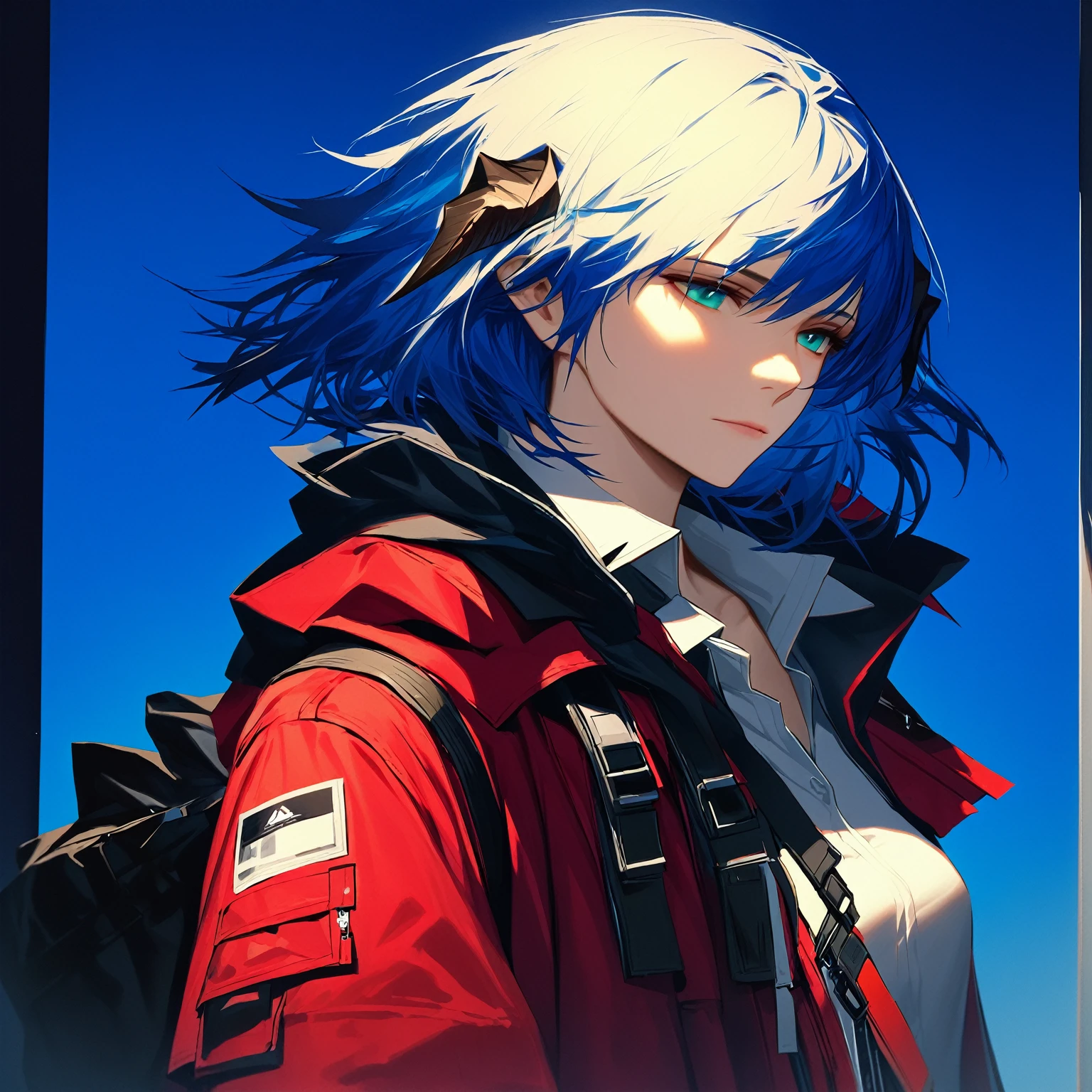 (woman), ((Mostima from arknights)), masterpiece, best quality, blue hair, ((short hair)), horns, plain white shirt, red fullbody coat, dark blue eyes, realistic anime style, faint smile, ((portrait)), black gloves, carring a bag.