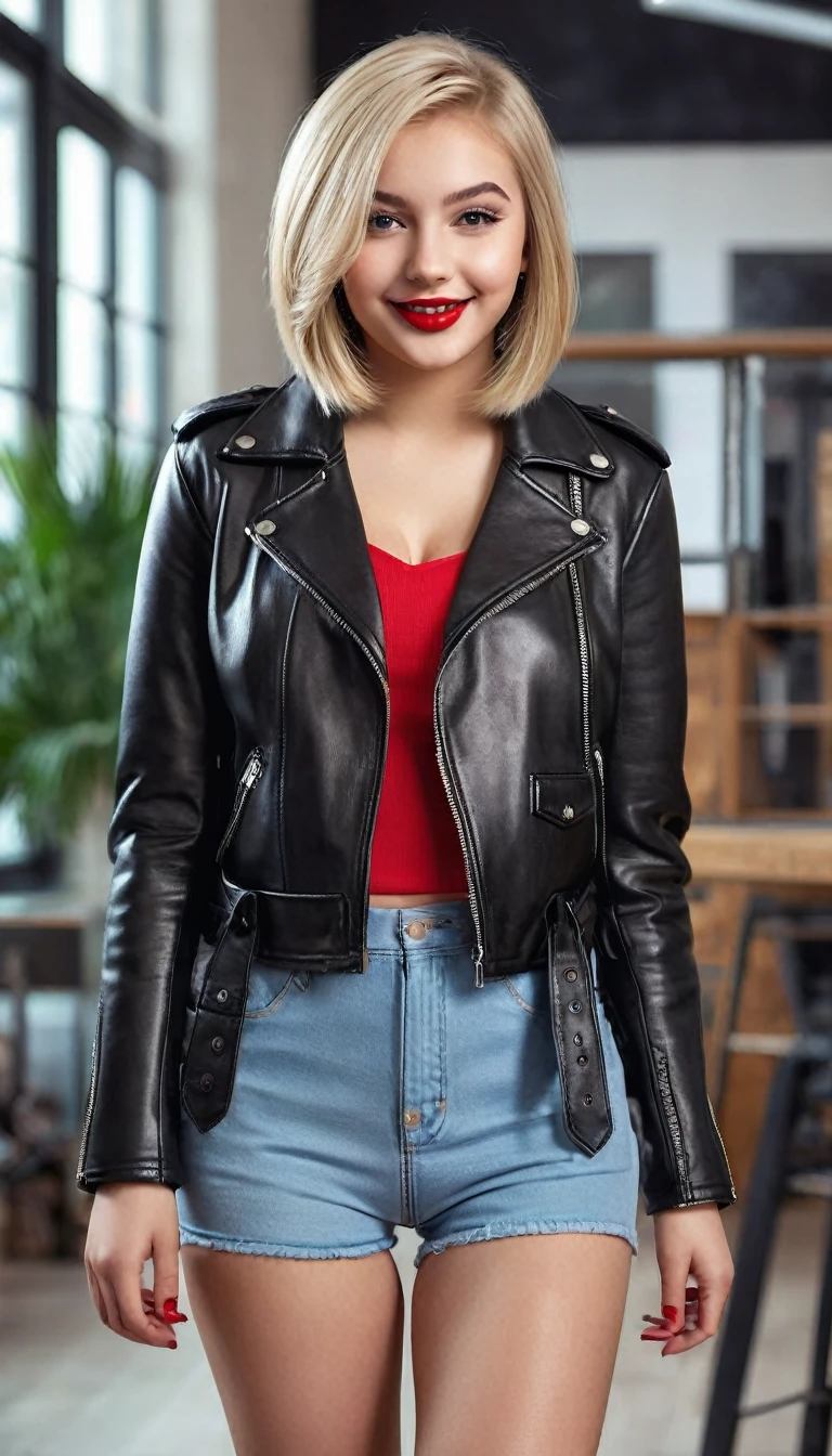 ultrarealistic high quality fullbody photo of a beautiful busty european 18-year-old girl with cute hyperdetailed shy happy face and shoulder length platin-blonde classic bob and long legs, realistic round eyes, red lipgloss, decent makeup with eyeliner, wearing casual day-off outfit with leather biker-jacket, cleavage, hourglass body, indoor office photography