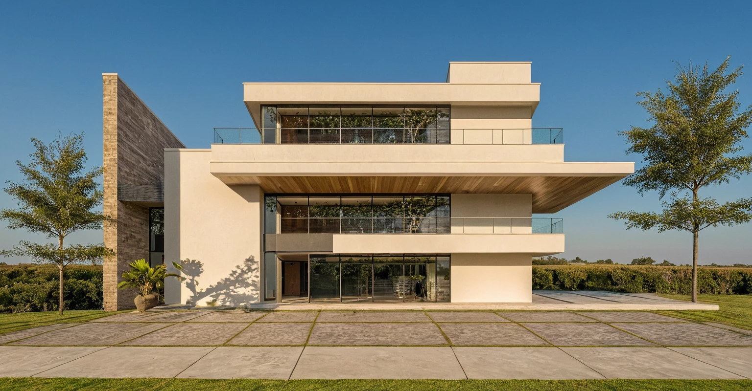 head of'artwork, high quality, best quality, 3d rendering, Super detailed, Outside, two-story villa, style de maison moderne dans la rue, stairs, white wall, wall of'accent Bardage en pierre grise à gauche, road, Trottoir, grass, trees, sky, clouds, (day light: 1.1)