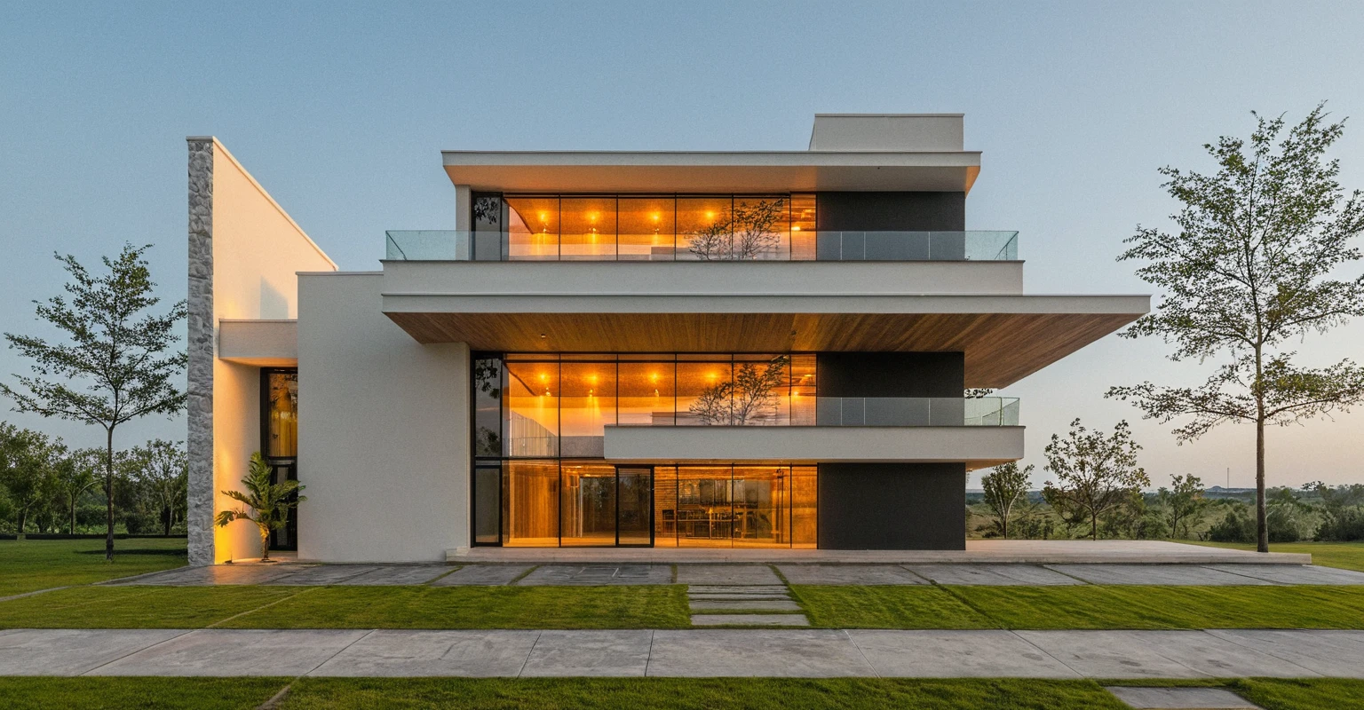 head of'artwork, high quality, best quality, 3d rendering, Super detailed, Outside, two-story villa, style de maison moderne dans la rue, stairs, white wall, wall of'accent Bardage en pierre grise à gauche, road, Trottoir, grass, trees, sky, clouds, (day light: 1.1)