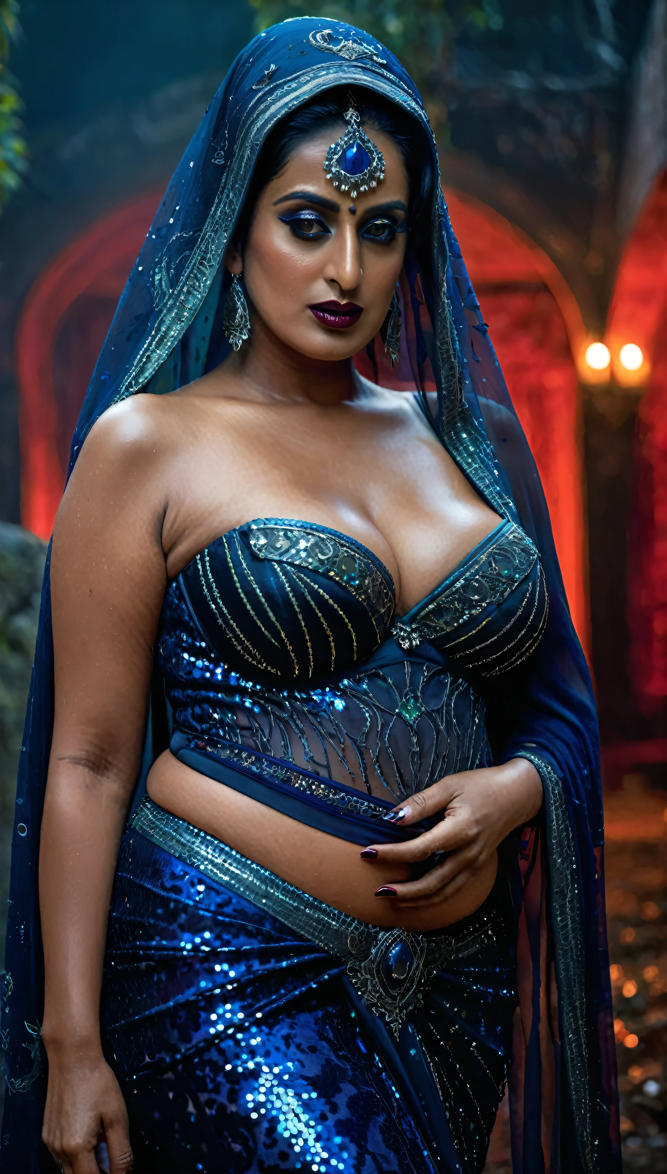 Looks like Mahie Gill, full body Closeup shot, Big chubby aunty, milf, cougar lady witch, horny Gothic milf,  70 years old gorgeous mature lady, pervert demoness, demoness of lust, curvy, black lips, horny face, extremely gorgeous, thick figure, heavy physique, voluptuous, curvy, sexy figure, Fashionable portrait of androgynous alien looking witch wearing veil, glowing eyes, futuristic design, minimal details, givenchy, photoreal, 200mm, hd, f/ 2.0, highly detailed, surreal, sexy beautiful evil woman, sexy bold sequin Saree with strapless Bra, chudail, Pishachini, horror genre, blood-thirsty enchantress, powerful female spirit, eerie, drop dead, in the style of red and blue, (intricate details, hyperdetailed:1.15) (skin texture:1.2), dark Moody tone, cinematic lighting, haunted place in background, 