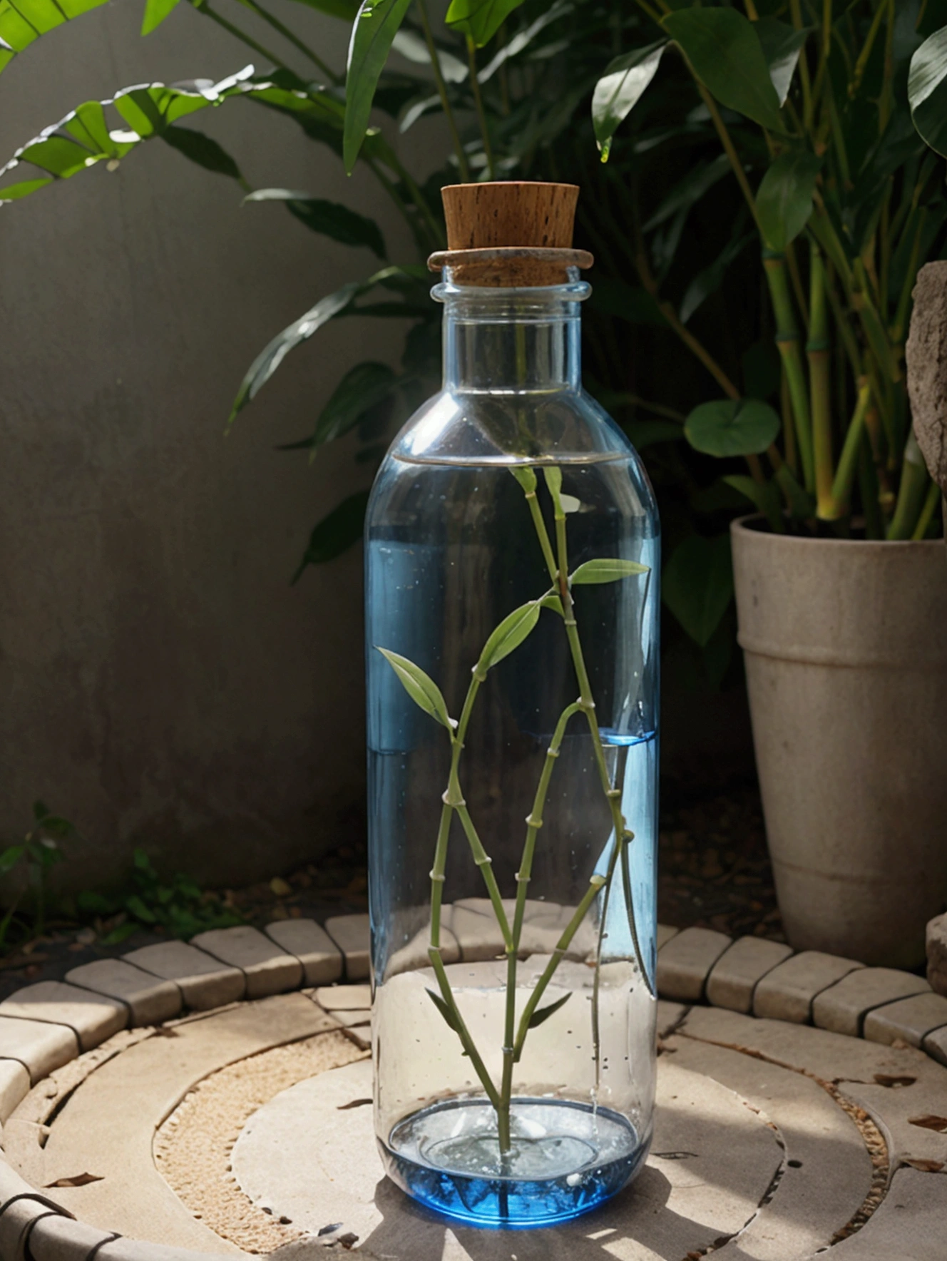 Move the bottle a little further away from the camera, Generate a water bottle, should have a slight curve, similar to a hip, and be a little wider than usual. The bottle must be completely transparent. Fill the bottle with water, and also fill a similar glass of water. The bottle cap must have a bamboo straw integrated into one piece. On both sides of the bottle, Places blue flowers and beautiful leaves in the background. Adjust the lighting to be hyper-realistic, with the light coming from the left side. Make sure everything appears to be in the same place at the same time. High quality image. Bring the camera closer to the bottle, make the bamboo lid with the Carrizo integrated into the design, give the bottle a rounded shape