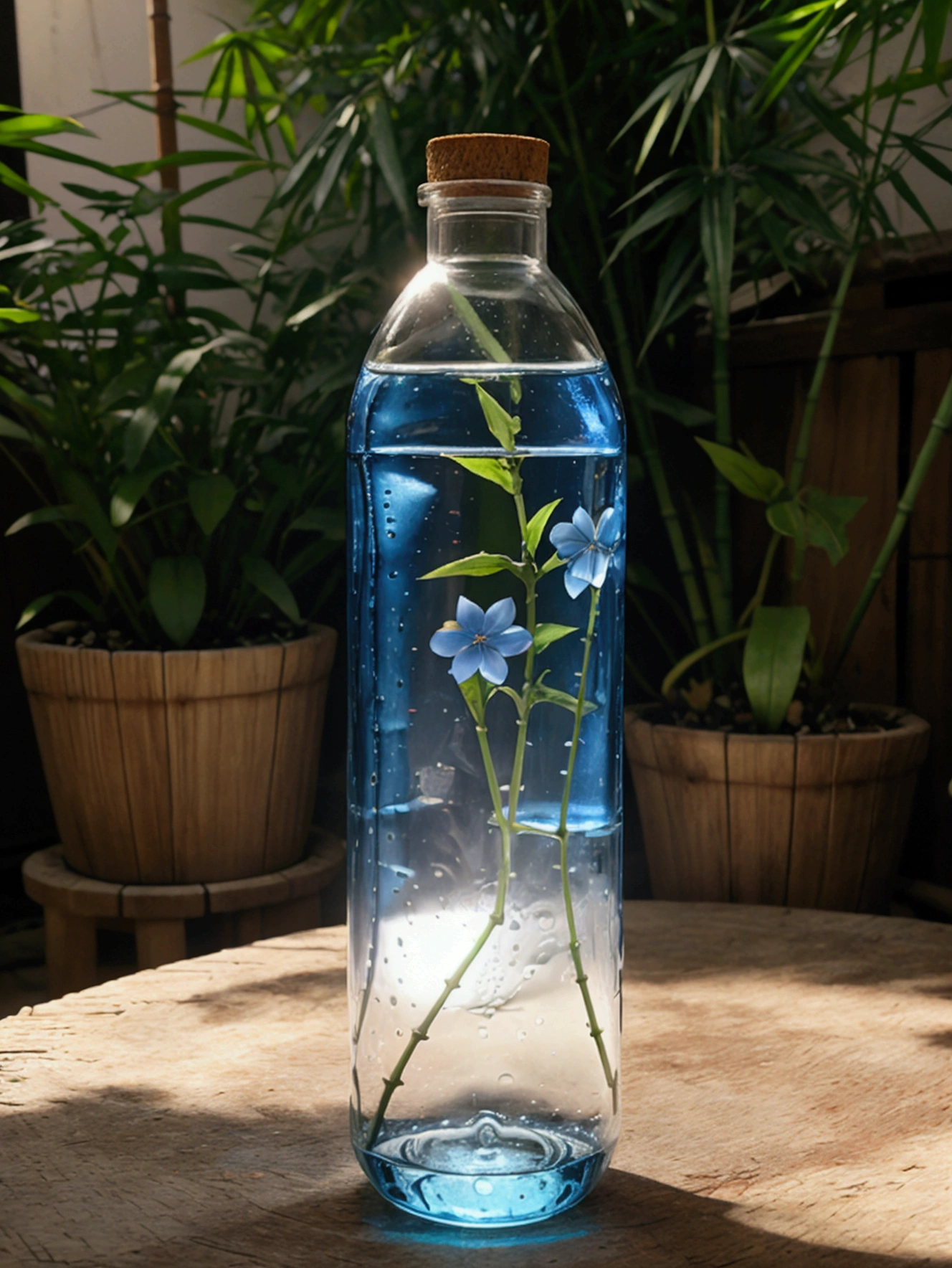 Move the bottle a little further away from the camera, Generate a water bottle, should have a slight curve, similar to a hip, and be a little wider than usual. The bottle must be completely transparent. Fill the bottle with water, and also fill a similar glass of water. The bottle cap must have a bamboo straw integrated into one piece. On both sides of the bottle, Places blue flowers and beautiful leaves in the background. Adjust the lighting to be hyper-realistic, with the light coming from the left side. Make sure everything appears to be in the same place at the same time. High quality image. Bring the camera closer to the bottle, make the bamboo lid with the Carrizo integrated into the design, give the bottle a rounded shape