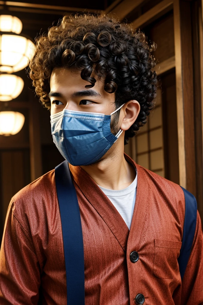 Curly hair boy with Japanese mask