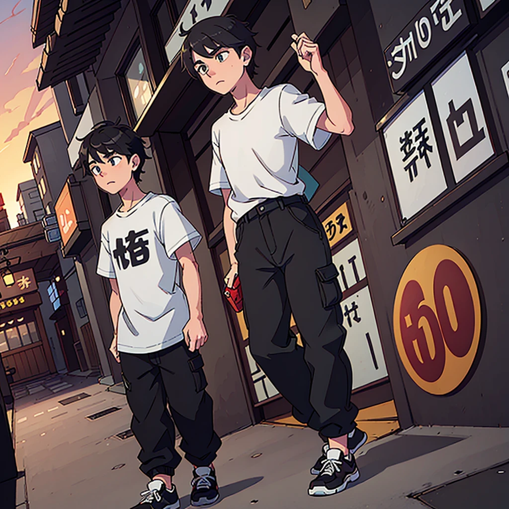 A male ager, green eyes, black hair, wears a loose white shirt with a Japanese print, wide black Jean cargo pants, white Nike sneakers, he is walking down the street, the scenery and It is a modern city mixed with medieval, giant buildings, with taverns and bars, on the horizon there is a sunset covered by the shadow of a dragon.