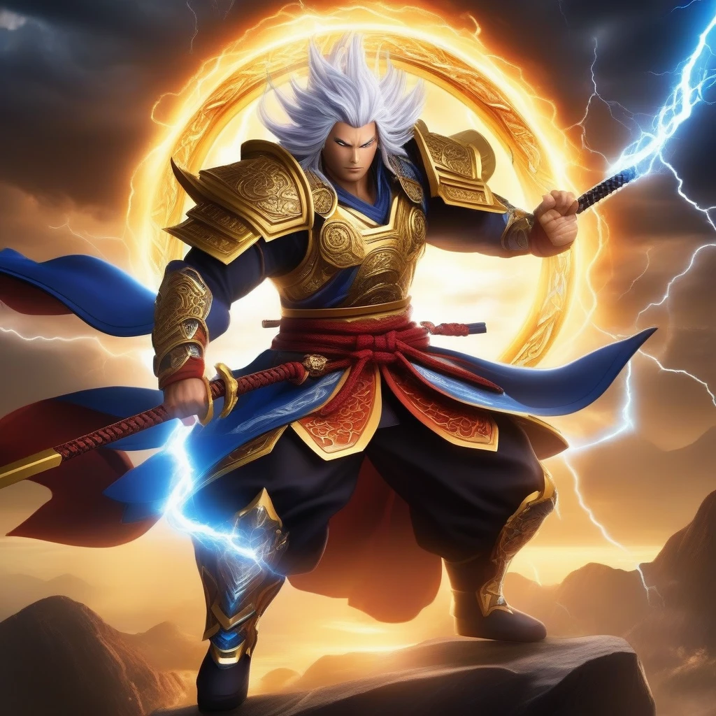 Create an epic illustration of Raijin Arashi, the 'Storm God Samurai.' Raijin is a powerful warrior with long, striking silver hair and electric blue eyes. He wears traditional samurai armor crafted from rare celestial metals, adorned with intricate lightning motifs. He wields a Celestial Katana forged from the heart of a fallen star, which channels and amplifies his lightning powers. Raijin can summon cataclysmic storms capable of obliterating planets, and his divine control over lightning and storms causes massive destruction. He can also release devastating energy blasts and surround himself with a powerful lightning aura. The background should depict a stormy battlefield with intense lightning and thunder."