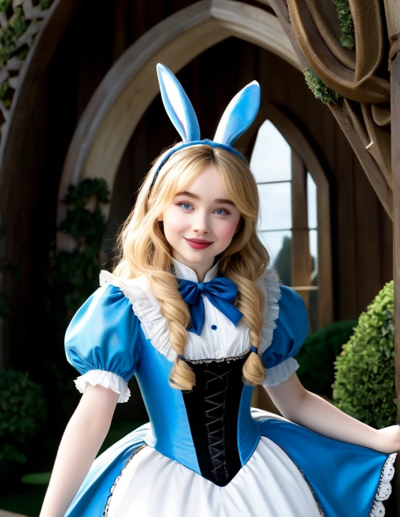 comic (full shot:1.5), a character from Lewis Carroll's book Alice in Wonderland. 1Sabrina Carpenter as Alice Kingsleigh, 1White Rabbit. Hyperdetailed, analog style, detailed skin, matte skin, smiling eyes, soft lighting, subsurface scattering, realistic, heavy shadow, masterpiece, best quality, 8k, golden ratio, intricate, High Detail, film photography, ultra-sharp focus, realistic object structures . graphic illustration, comic art, graphic novel art, vibrant, highly detailed