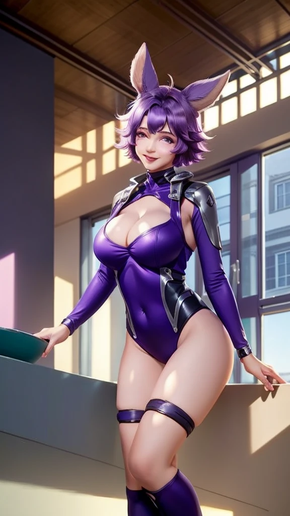 1girl, big breasts and exposed breasts ,animal ears, ((big breasts:1.21)), body suit ,cleavage, short hair, looking at viewer, (((indoors:1.33))), purple hair, sitting, sky, soaking feet, Standing forward bend, (masterpiece, best quality:1.5), smiling, a slim navel