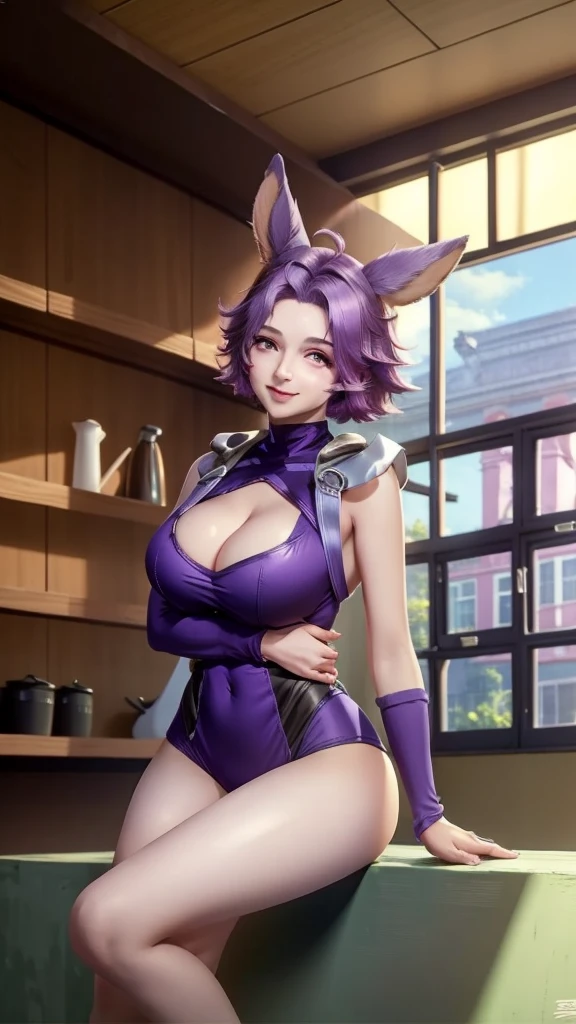 1girl, big breasts and exposed breasts ,animal ears, ((big breasts:1.21)), body suit ,cleavage, short hair, looking at viewer, (((indoors:1.33))), purple hair, sitting, sky, soaking feet, Standing forward bend, (masterpiece, best quality:1.5), smiling, a slim navel