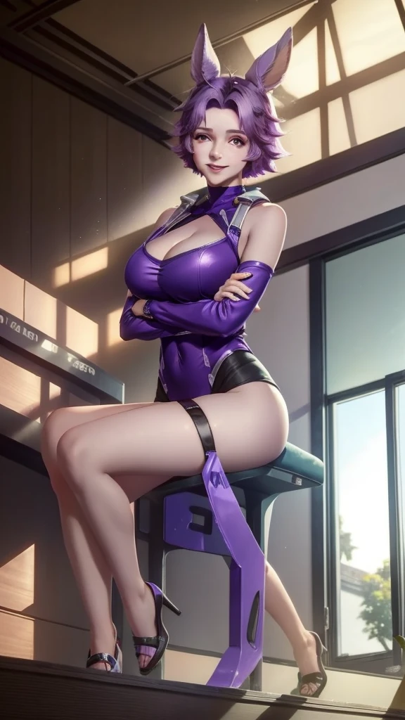 1girl, big breasts and exposed breasts ,animal ears, ((big breasts:1.21)), body suit ,cleavage, short hair, looking at viewer, (((indoors:1.33))), purple hair, sitting, sky, soaking feet, Standing forward bend, (masterpiece, best quality:1.5), smiling, a slim navel