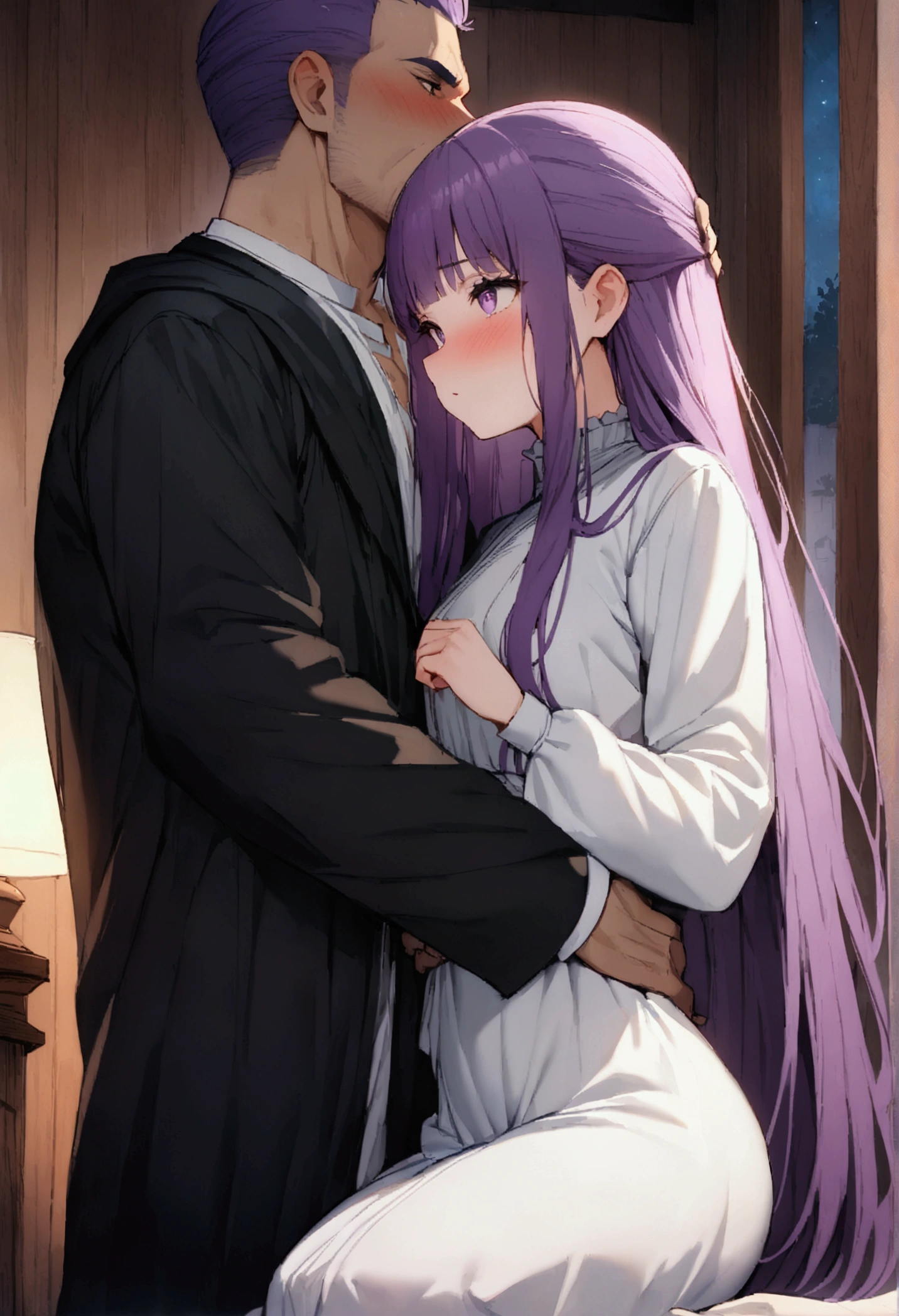 NSFW,masterpiece,Highest quality,High resolution,Super detailed,Fern\(Funeral of Frieren\),Purple eyes,Purple Hair,Long Hair,White Dress,Robe,blush,Inn at night,bedroom,(Warrior Men),Sitting next to a man,A man puts his hands on her waist and hugs her