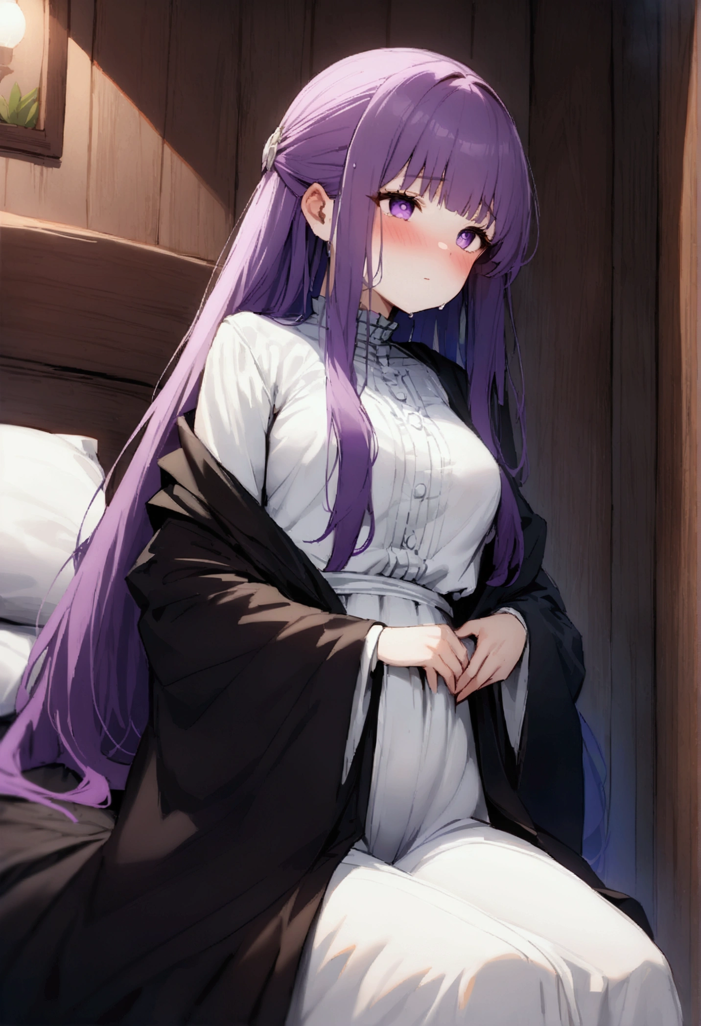 NSFW,masterpiece,Highest quality,High resolution,Super detailed,Fern\(Funeral of Frieren\),Purple eyes,Purple Hair,Long Hair,White Dress,Robe,blush,Inn at night,bedroom,(Warrior Men),Sitting next to a man,A man puts his hands on her waist and hugs her
