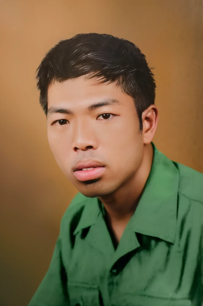 RAW photo of a 30 year old man, wearing a green Vietnamese army shirt, Asian, short black hair, real face, real skin, (photorealistic:1.4), (high detail soft skin:1.2 ), 8k uhd, dslr, soft light, high quality, grain film, Fujifilm XT