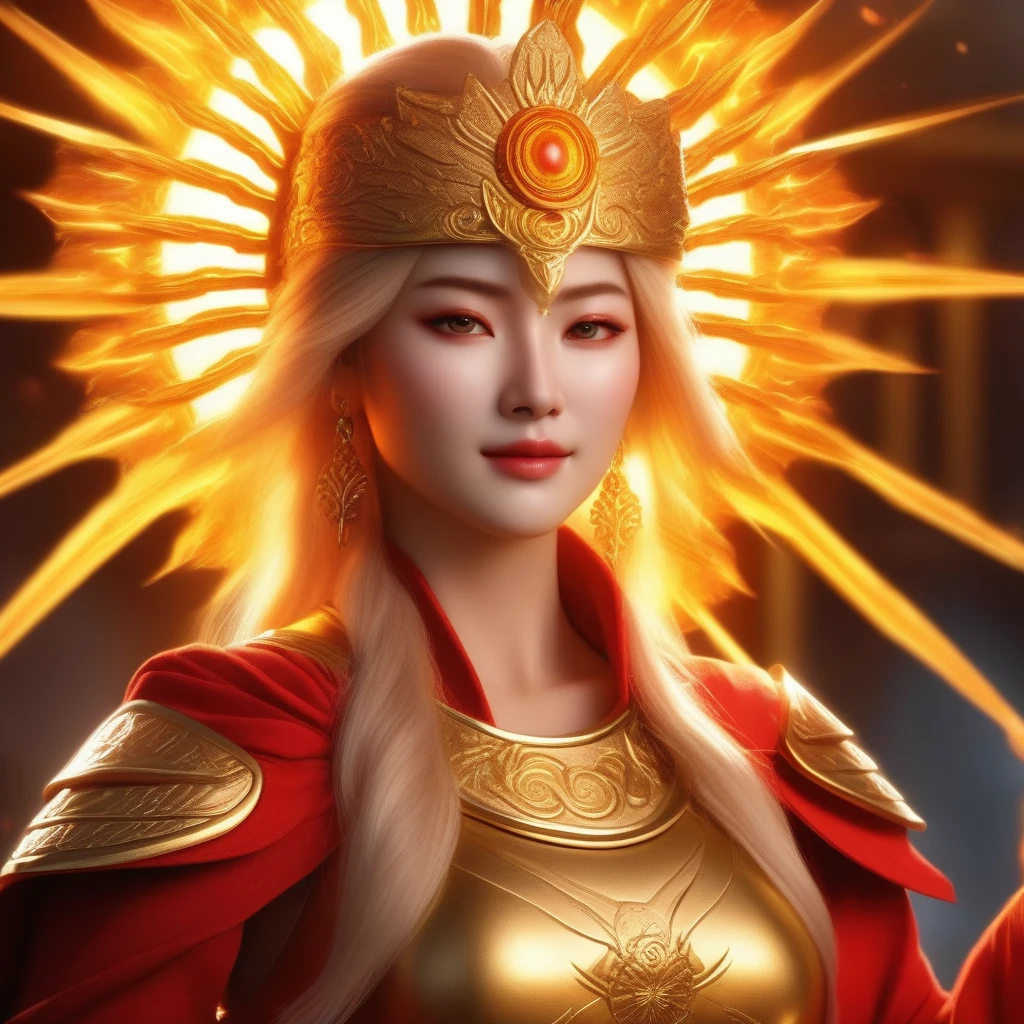 a graceful and radiant warrior woman, Amaterasu no Hikari, the Sun Goddess Samurai, with golden hair that shines like the sun and warm, glowing golden eyes, wearing elegant yet sturdy armor made from divine solar metals, decorated with sun and flame motifs, wielding a Solar Blade made from pure solar energy, capable of generating intense heat, surrounded by a bright and fiery battlefield with intense sunlight and flames, (best quality,4k,8k,highres,masterpiece:1.2),ultra-detailed,(realistic,photorealistic,photo-realistic:1.37),HDR,UHD,studio lighting,ultra-fine painting,sharp focus,physically-based rendering,extreme detail description,professional,vivid colors,bokeh,portrait,fantasy,cinematic lighting