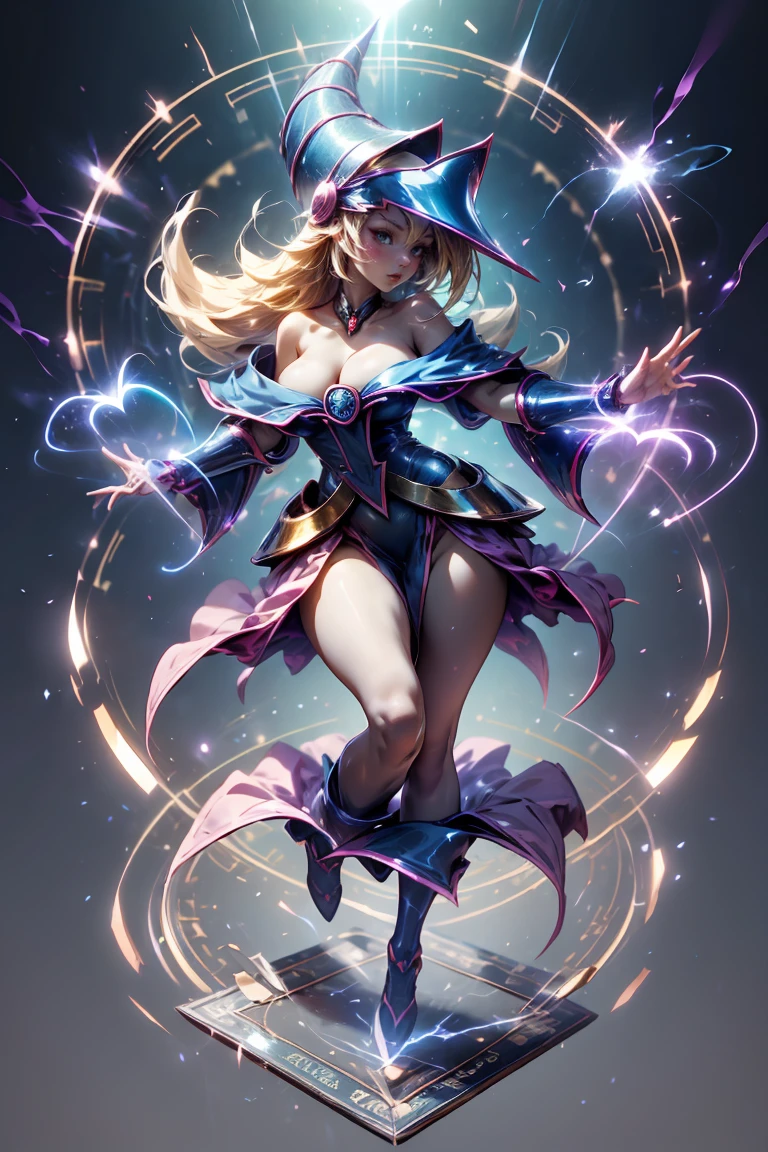 (Masterpiece:1.2), (The best quality:1.2), perfect lighting, Dark Magician Girl casting a spell, floating in the air, big big hips, neckline, magic background. Transparent hearts in the air., blue robe, big hat, From above, shines, Yugioh card in the background that is very close to the screen.