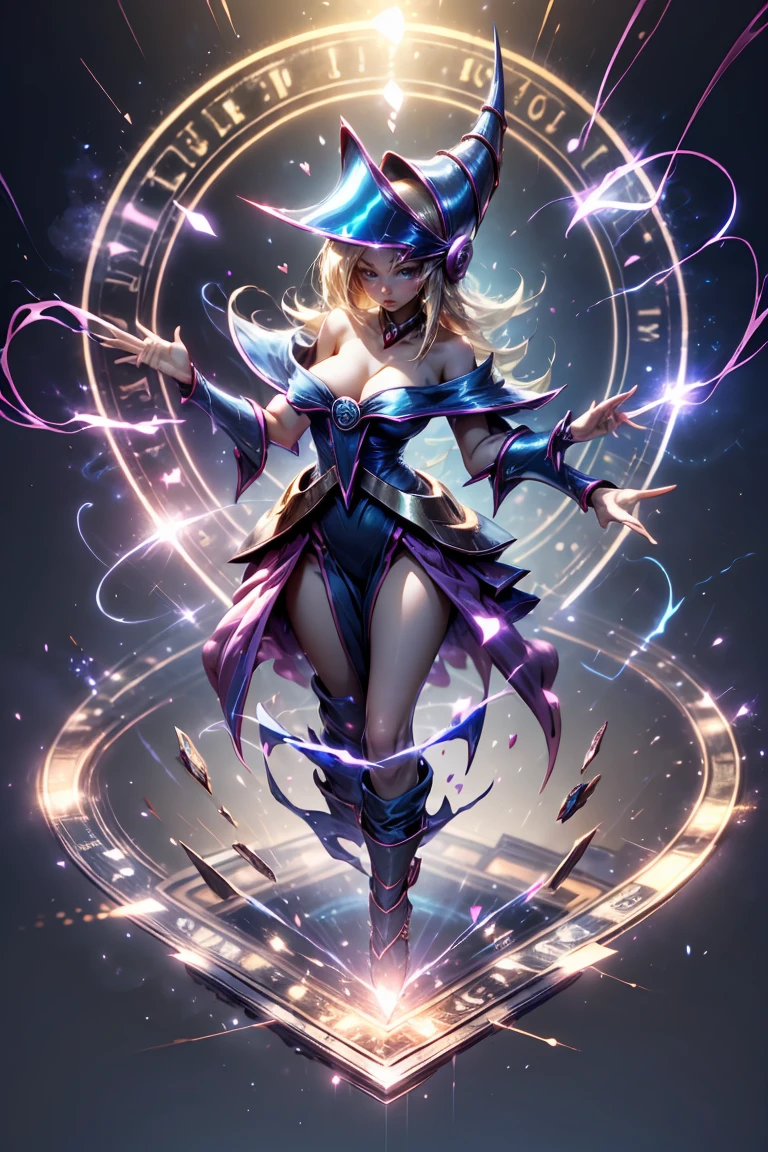 (Masterpiece:1.2), (The best quality:1.2), perfect lighting, Dark Magician Girl casting a spell, floating in the air, big big hips, neckline, magic background. Transparent hearts in the air., blue robe, big hat, From above, shines, Yugioh card in the background that is very close to the screen. 