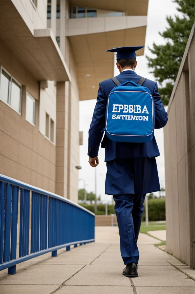 A high school student who has already graduated walks away with his back to the institution (subtle approach to high school name, "EPBA")
