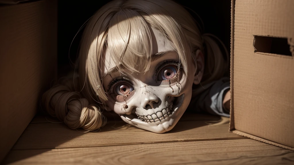 A close-up shot of a dusty box lying on the floor of a dark attic. As one of the s opens the box, a broken doll with empty eye sockets and a sinister smile is revealed. Highly detailed, macabre, with a touch of supernatural horror.