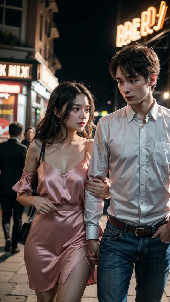 

"Create a realistic image of a couple leaving a club in a hurry. They are holding hands, with urgent expressions on their faces. The club is full of colorful lights and people dancing in the background. The couple is dressed in party clothes: He wears a formal shirt and jeans, and she is wearing an elegant dress. The lighting of the scene should reflect the lively atmosphere of the club, with flashing lights and a vibrant atmosphere."