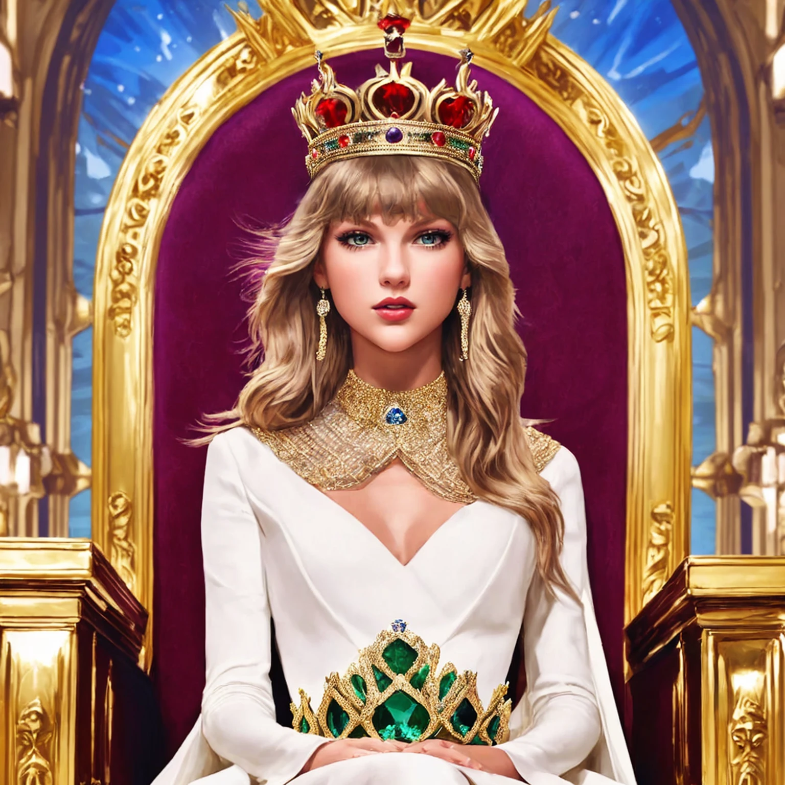 art Taylor Alisson Swift with crown on her head sitting on the throne