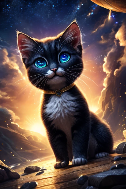 (Highest quality、masterpiece、8k))、Anatomically correct、Very detailed、High resolution、Realistic、((Beautiful, sparkling, detailed eyes))、Intricate details、Cinematic lighting、((Dynamic composition))、Cute black kitten、Beautiful island、heaven、Welcoming black kitten、tuxedo