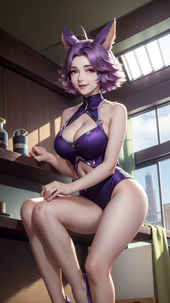 1girl, big breasts and exposed breasts ,animal ears, ((big breasts:1.21)), zoom in breasts ,cleavage, short hair, looking at viewer, (((indoors:1.33))), purple hair, sitting, sky, soaking feet, Standing forward bend, (masterpiece, best quality:1.5), smiling, a slim navel