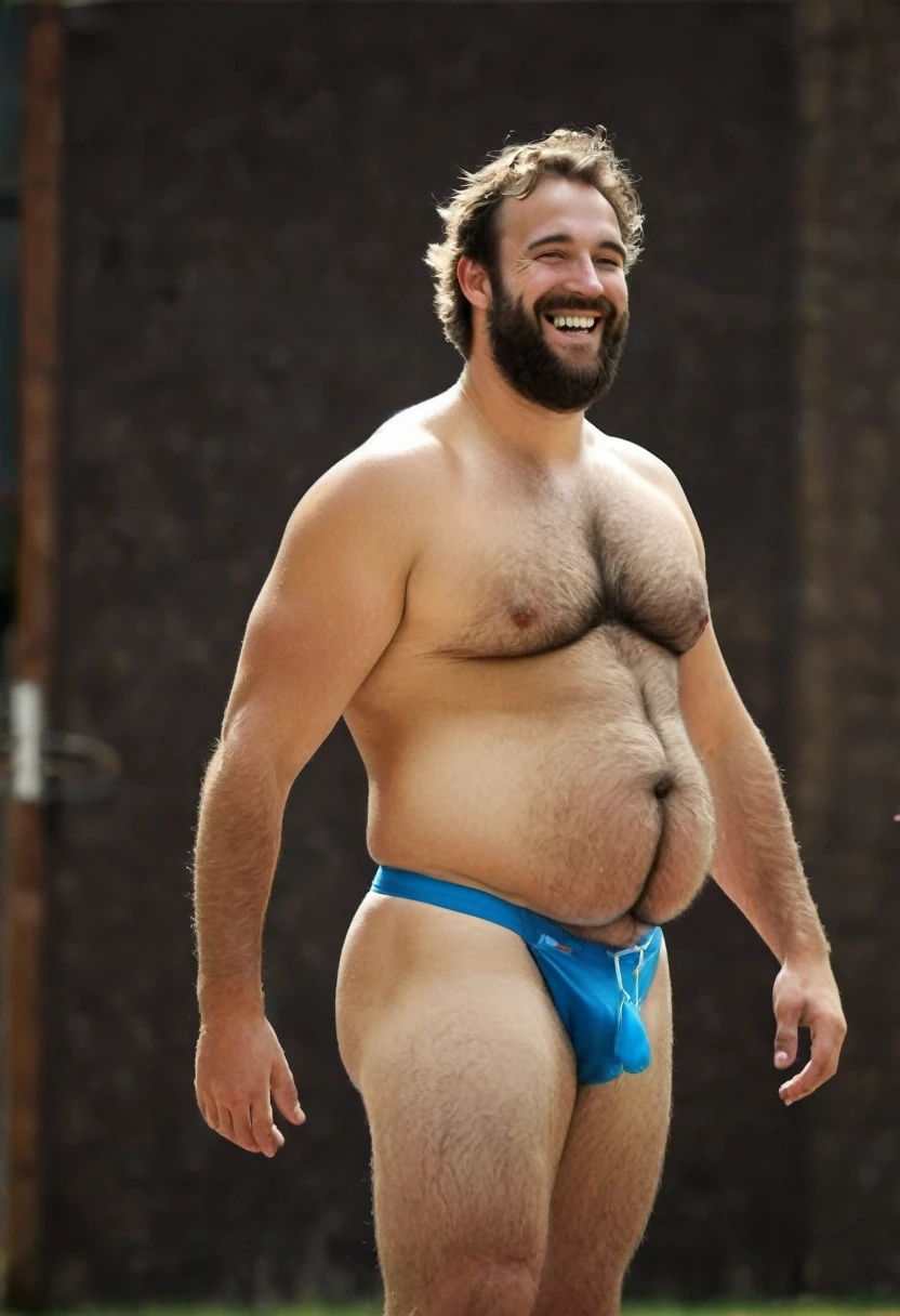 Male, nice smile, hairy, speedo, big prominent belly, big bulged and bloated belly, swollen belly, muscular, tall