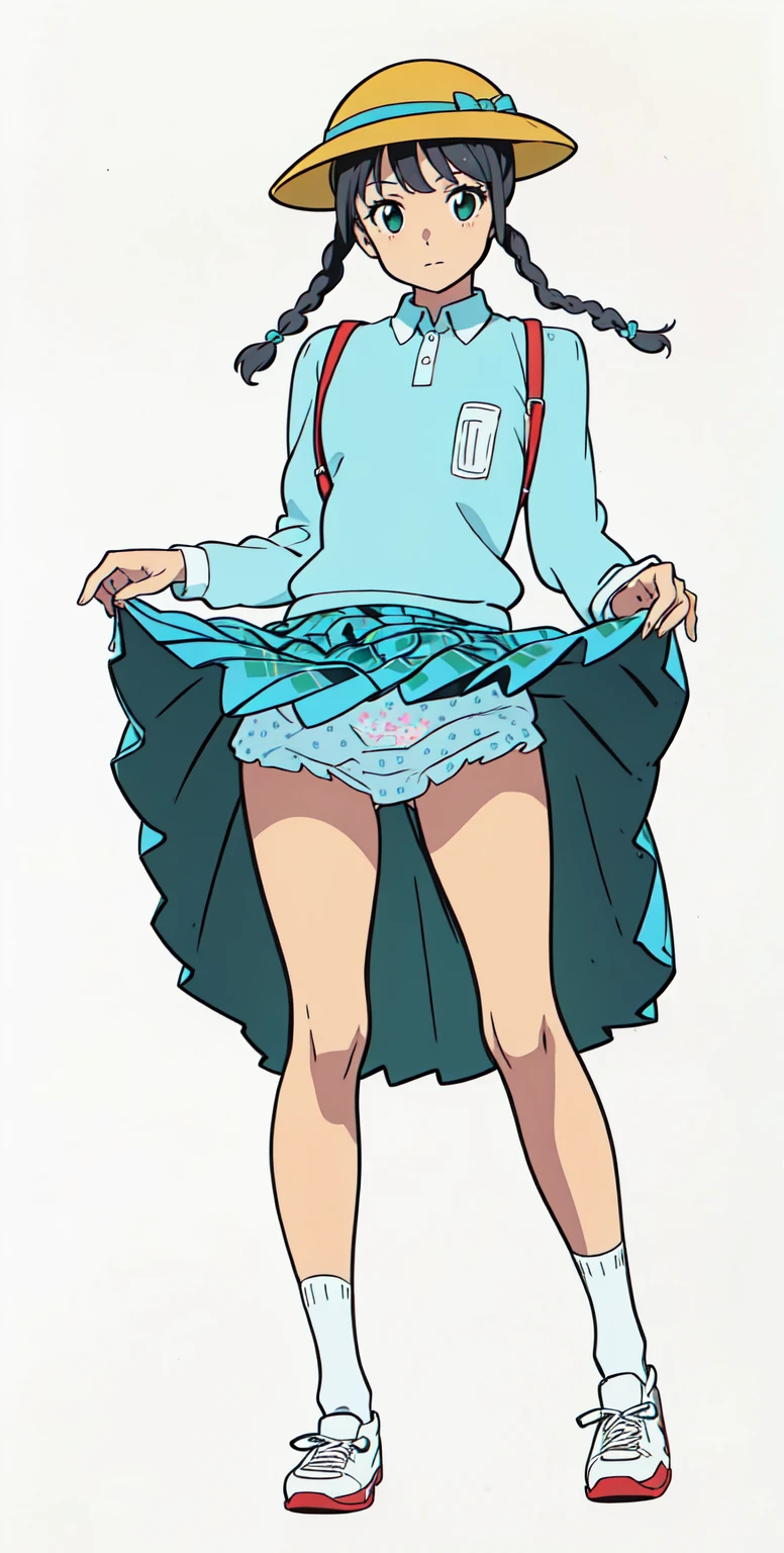 (white background:1.0), (best quality:1.0), (masterpiece:1.0), (super fine illustration:1.0), (beautiful artwork:1.0), (anime screencap:1.0), (official art:1.0), (full body:1.0), (solo:1.0), (ESGA:1.0), (a 12yo cute girl:1.0), (yellow hat:1.0), (red backpack:1.0), (long skirt:1.0), (green tartan skirt:1.0), (pleated skirt:1.0), (aqua blue polo shirt:1.0), (long sleeve polo shirt:1.0), (sneakers:1.0), (white socks:1.0), (ideal ratio body proportions:1.0), (lanky:1.0), (tall:1.0), (slender:1.0), (small breasts:1.0), (smaller face:1.0), (tareme:1.0), (detailed beautiful eyes:1.0), (detailed beautiful face:1.0), (glowing black eyes:1.0), (short hair:1.0), (swept bangs:1.0), (twin braids:1.0), (black hair:1.0), (standing:1.0), (looking at viewer:1.0)