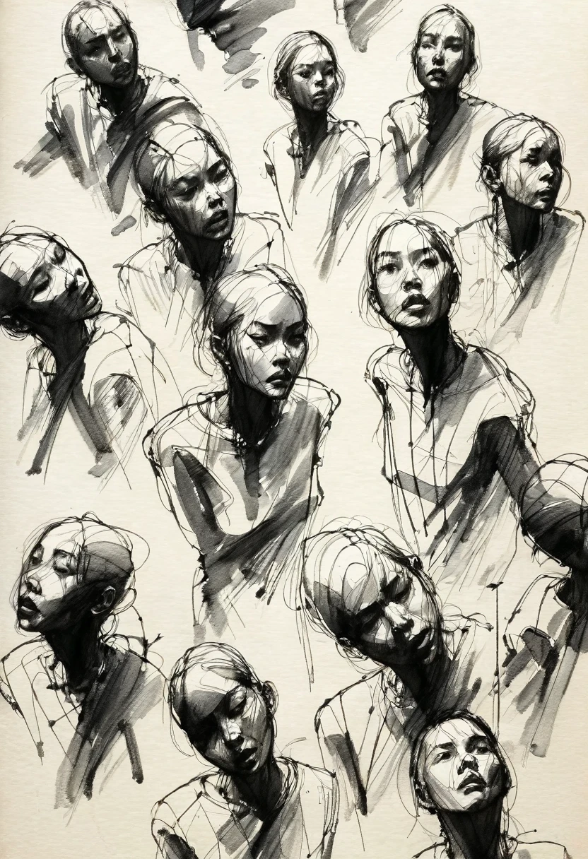 (best quality, highres, masterpiece:1.2), ultra-detailed, realistic:1.37, black ink sketches, smooth lines, expressive facial expressions and postures, minimalistic background, emphasis on light and shadow and spatial perception, abundant negative space, young girl.