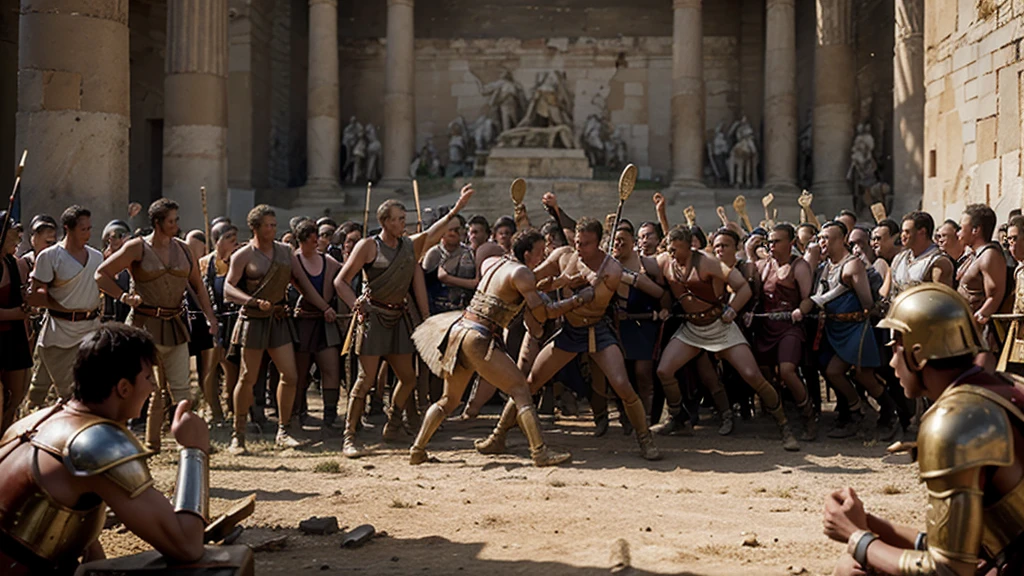 A representation of the epic Battle of Pharsalus, with Julius Caesar&#39;s legions clashing with Pompey&#39;s forces. The image must capture the chaos and intensity of the battle, with Roman soldiers in formation, banners in the wind and Caesar leading his troops with determination.