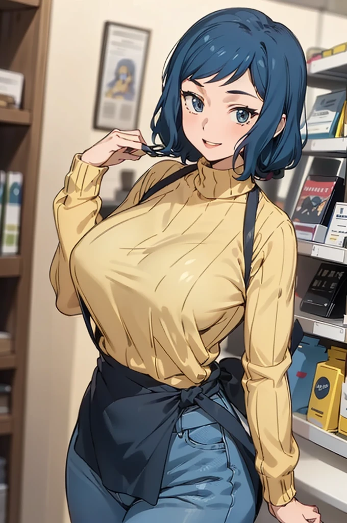 (Masterpiece), Best Quality, ultra-detailed, 1girl (rinko_iori, Slender and sexy body, big and pretty breasts, dark blue hair, long wave hair, blue eyes), smile,parted lips, facing viewer, looking at viewer, solo, yellow turtle neck sweater,  apron(black), denim pants, in the store, standing, Sexy waist teasing