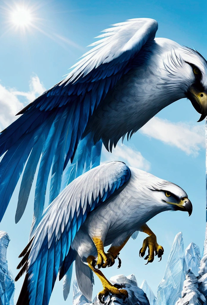 Ice bird, hawk, flying, sharp ice spikes, ice feather, high detail