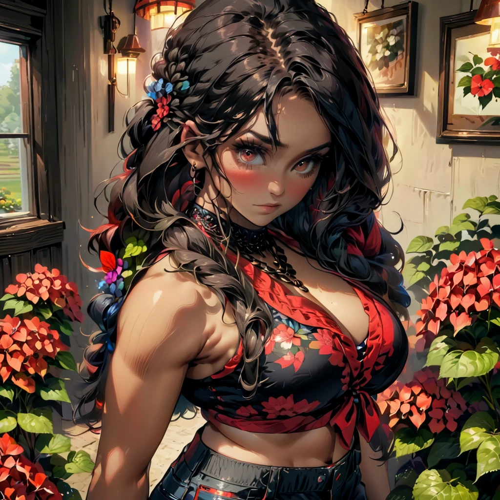 4K, June Scenario, Beautiful darksin woman, long braided hair, black hair, medium breasts, hazel colored eyes, red shirt, hot pants, black necklace, gazing at viewer, natta, colorful hydrangea