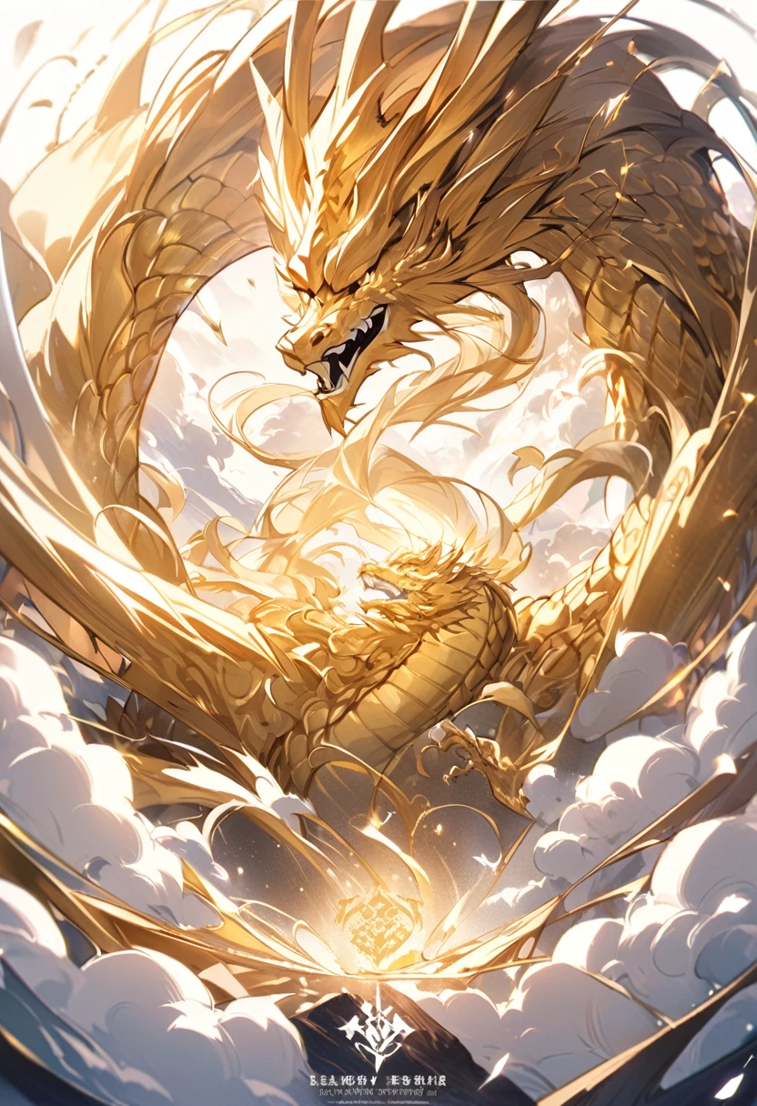 logo、masterpiece、(White background:1)、Golden Chinese dragon surrounded by white clouds、god々々Hello、Wind、god々、Long undulating body、tooth、Upper body、Fantasy、god話、high quality、Very detailed、masterpiece、narrative poem、Particle Effects、Dynamic Effects