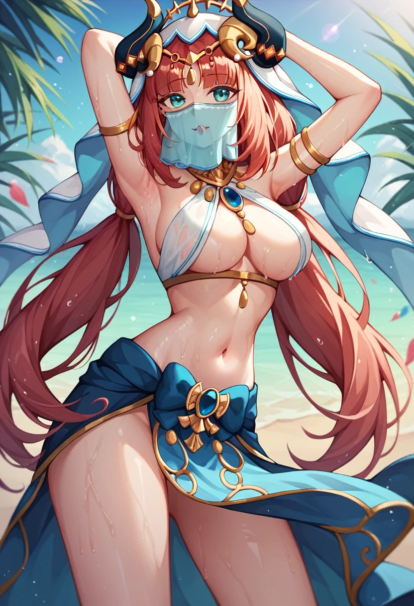 nilou, black belly dancer corset, face veil, wet body, cleavage, arms raised showing armpits, bare thighs, background is a disco club,