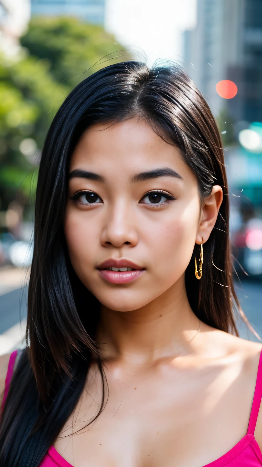 Create an face close up image of a young Hawaiian woman in her mid-20s and a skater girl vibe. She has a sexy, confident look, with hair featuring grey streaks. As an influencer, she has an effortlessly cool style, exuding casual yet captivating appeal.