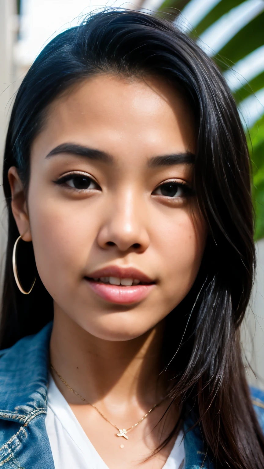 Create an face close up image of a young Hawaiian woman in her mid-20s and a skater girl vibe. She has a sexy, confident look, with hair featuring grey streaks. As an influencer, she has an effortlessly cool style, exuding casual yet captivating appeal.